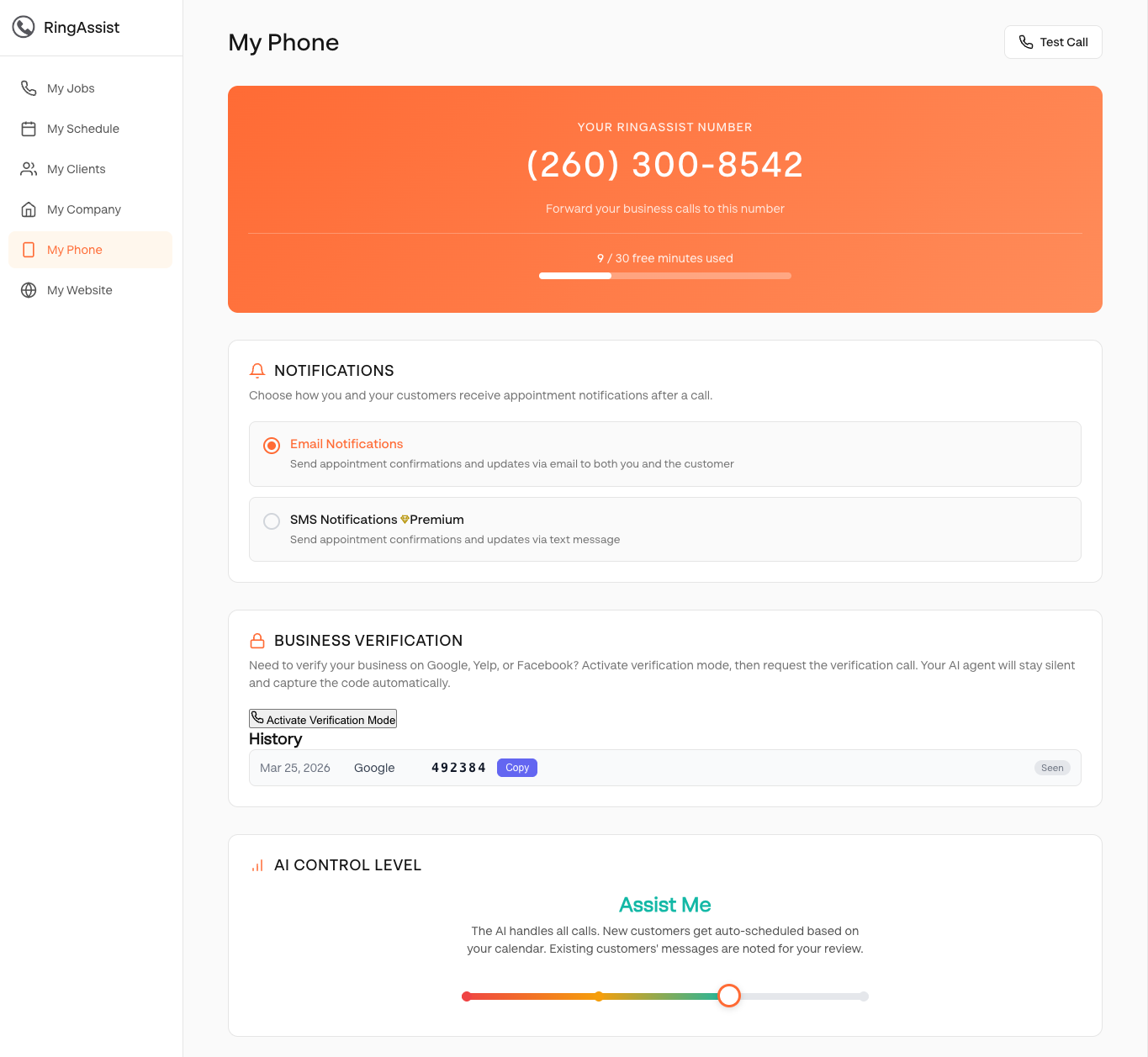 RingAssist My Phone page showing AI control level slider, notifications, and business verification