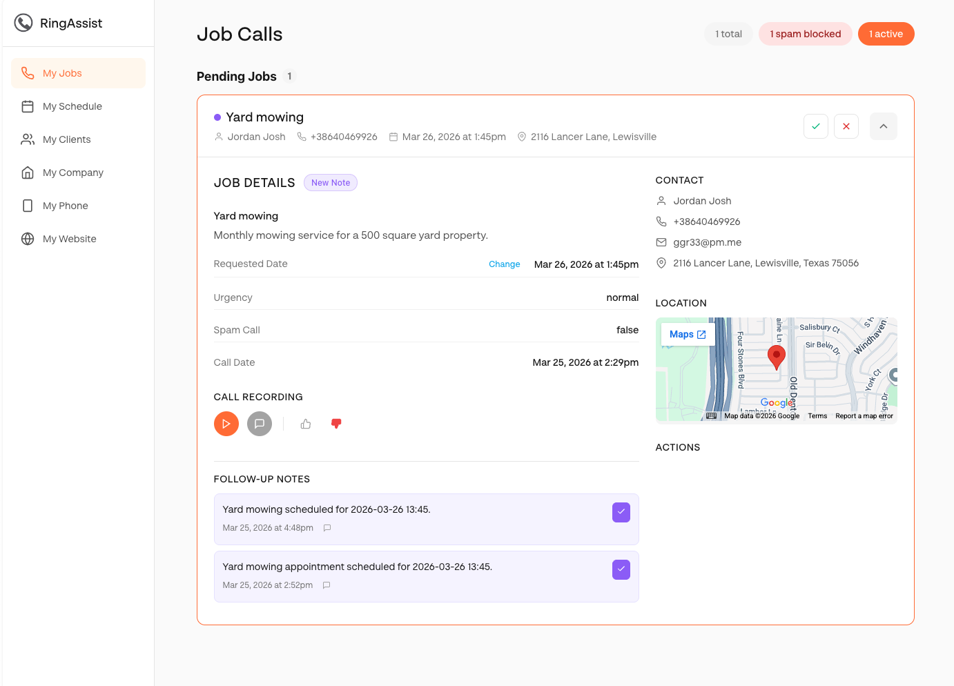 RingAssist job dashboard showing pending jobs with details, call recordings, notes, and actions