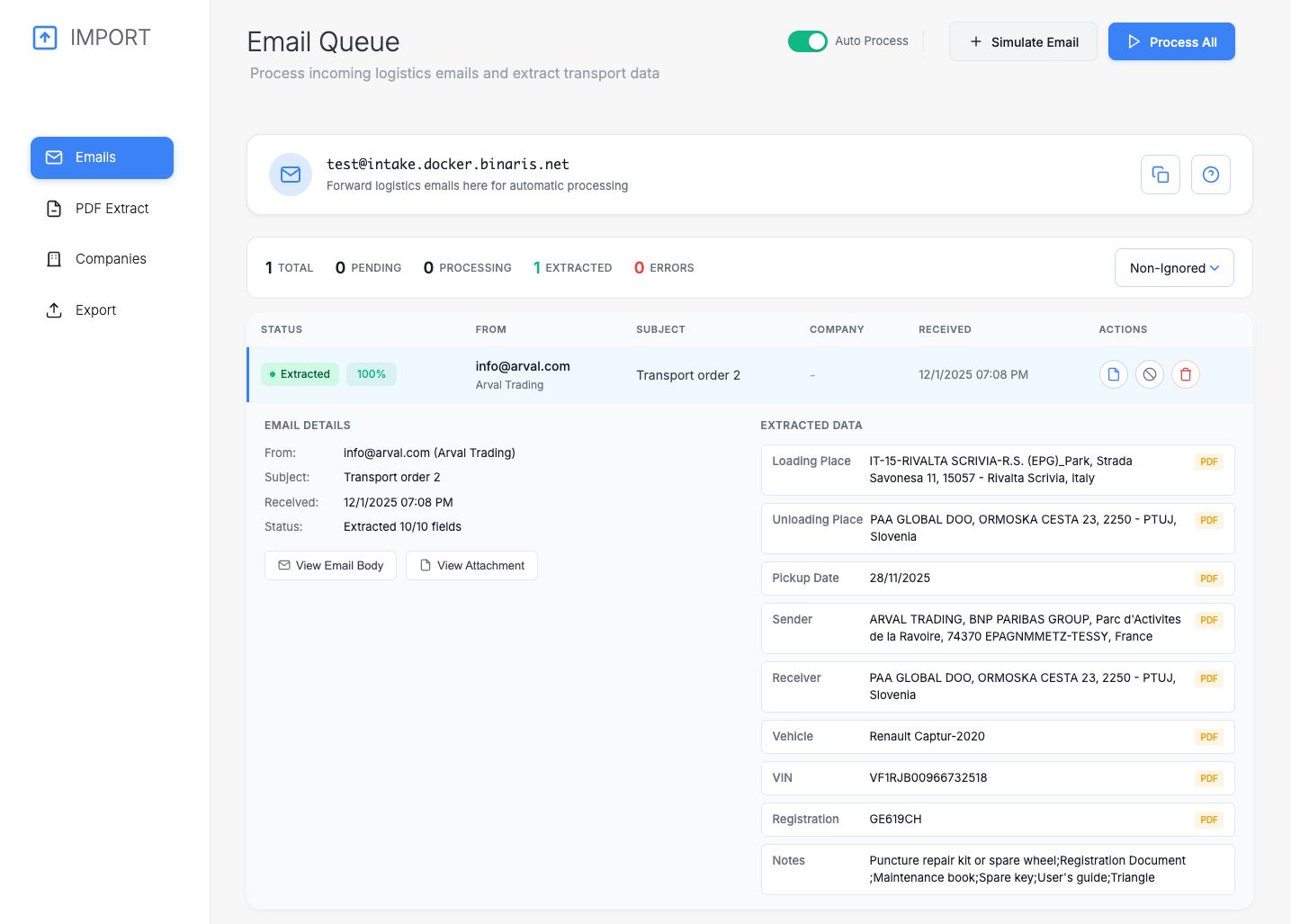 Email queue dashboard showing incoming transport orders with extraction status and results