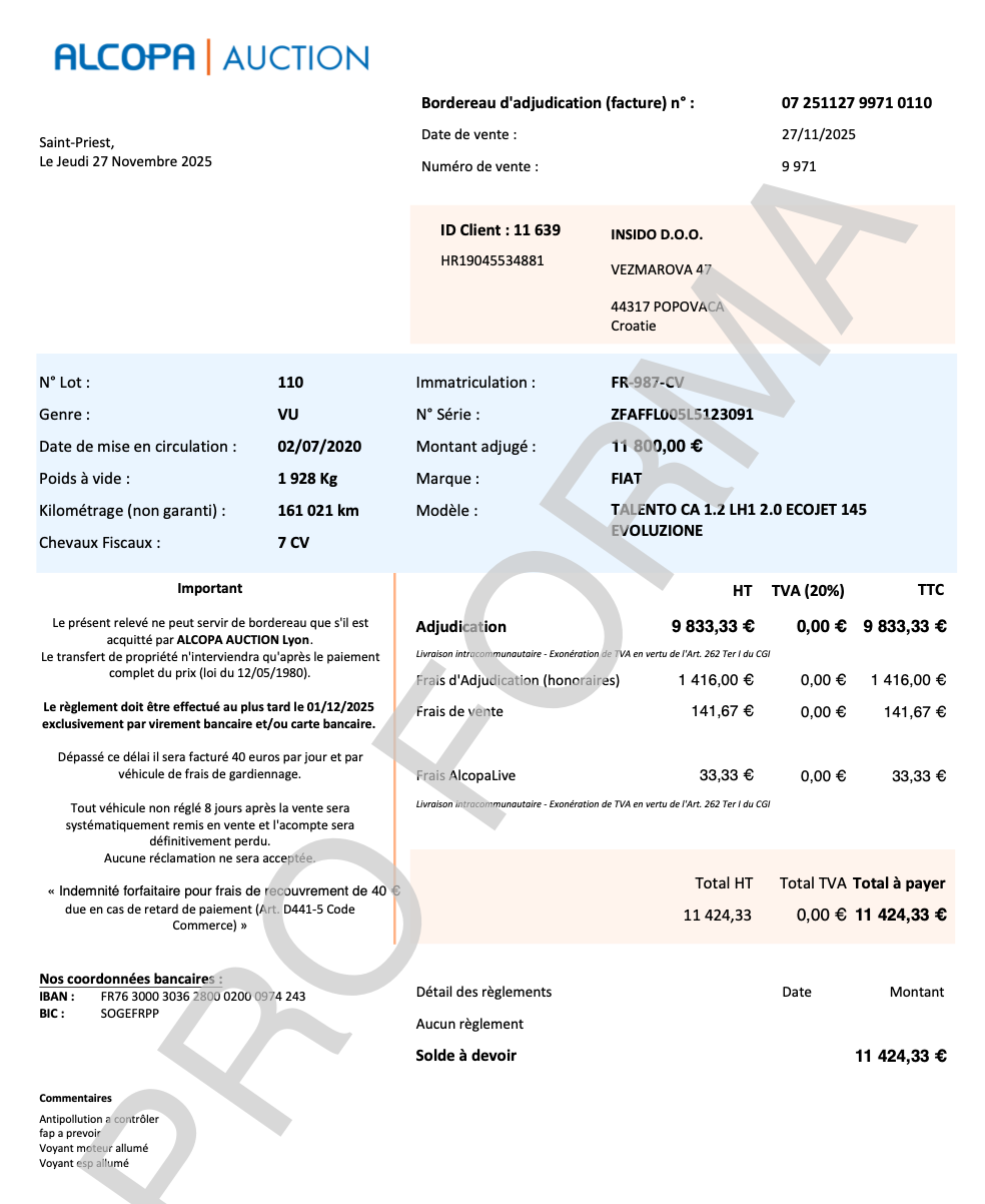 Original transport order document — a French auction invoice with vehicle and logistics details